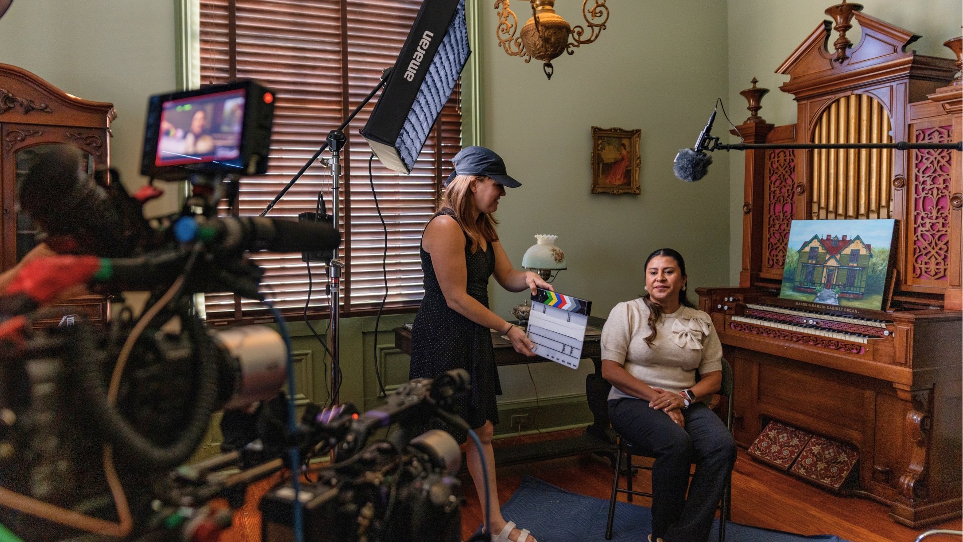 Crew and monitors during an interview